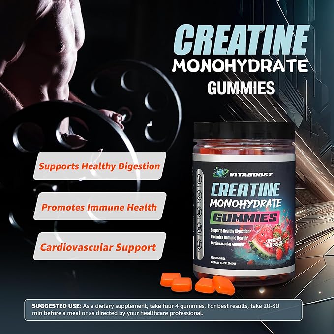 VitaBoost Creatine Gummies 5g- Natural Creatine Monohydrate for Men & Women- Delicious Strawberry Watermelon Flavor- Boost Strength, Energy & Muscle Growth- Vegan Pre Workout Gummies- Made in USA