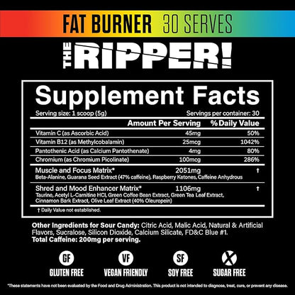 JNX SPORTS The Ripper! Fat Burner Pre Workout for Men & Women – Thermogenic Fat Burning Powder & Appetite Suppressant, Boost Energy & Endurance – Sour Candy 30 Servings