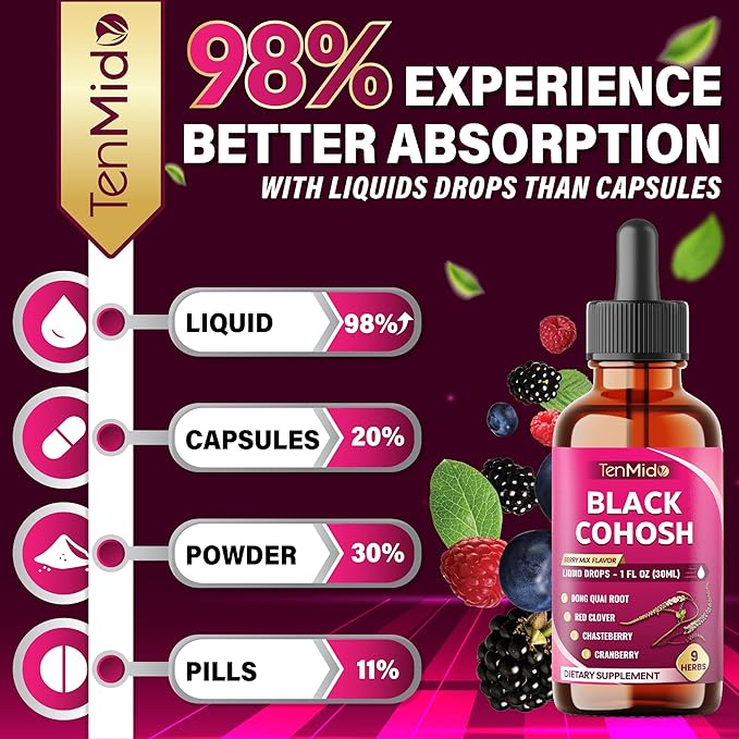 9in1 Liquid Black Cohosh Supplements Women with Dong Quai, Red Clover, Chasteberry, Cranberry, Passion Flower, Turmeric, Rhodiola Rosea, and Amla - 30ml Fl Oz