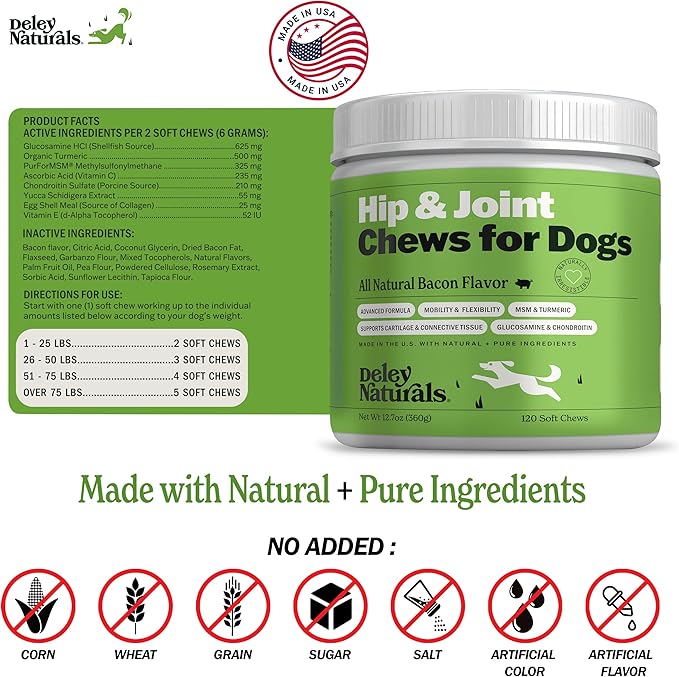 Deley Naturals Hip and Joint Supplement for Dogs - Glucosamine Chondroitin MSM & Collagen for Dogs - Dog Joint Supplement, Smaller Chews, Low Calories, Same Ingredients - 120 Bacon Flavor Chews
