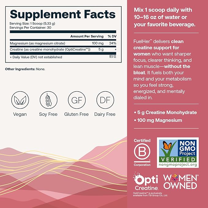 True Grace FuelHer RapidMix Creatine Monohydrate - Unflavored - for Women - Supports Lean Muscle, Mental Clarity & Metabolism - 100 mg Magnesium - Bloat Free - Mixes Instantly - Non-GMO - 30 Servings