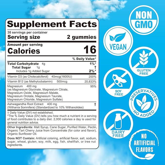 Magnesium Complex Gummies 400mg | as 8 Forms of Magnesium Glycinate, Malate, Citrate, Taurate, Oxide & More | w/Ashwagandha Extract, D3 & B12 Supports for Calm, Zzz, Mood - Vegan 60Cts