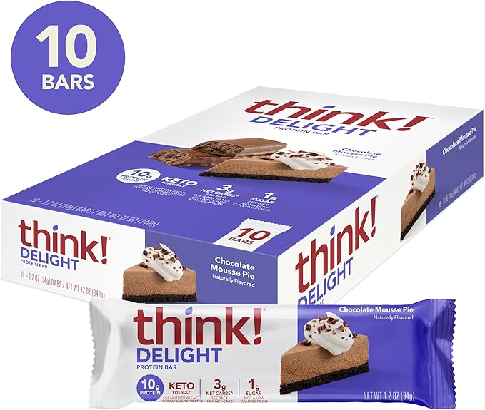 think! Delight, Keto Protein Bars, Healthy Low Carb, Gluten Free Snack - Chocolate Mousse Pie, 10 Count (Packaging May Vary)