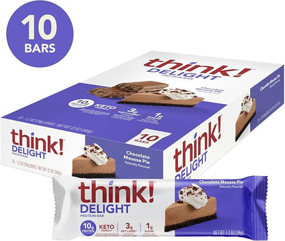 think! Delight, Keto Protein Bars, Healthy Low Carb, Gluten Free Snack - Chocolate Mousse Pie, 10 Count (Packaging May Vary)