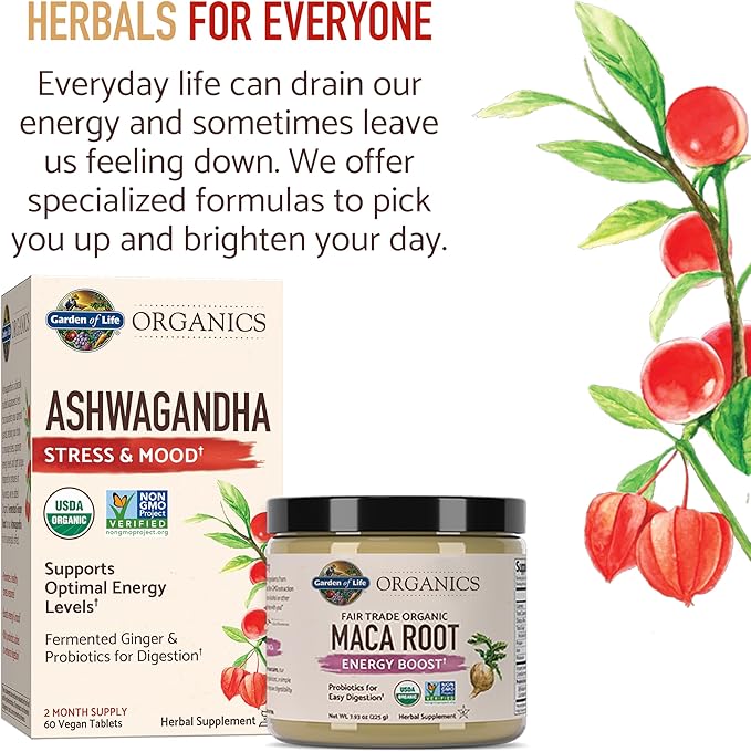 Garden of Life Organic Ashwagandha Supplement with Probiotics & Ginger - Stress, Mood & Energy Support, Vegan, Gluten Free, Non GMO, 2 Month Supply, 60 Tablets