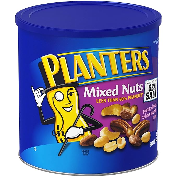 PLANTERS Salted MixedNuts, Peanuts, Almonds, Cashews,BrazilNuts and Pecans, PartySnack, Plant-Based Protein, Quick Snackfor Adults, After SchoolSnack, Bulk Nuts, Kosher,56oz Canister (Pack of 2)
