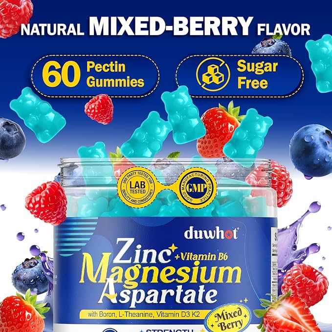Zinc Magnesium B6 Supplement, Zinc Magnesium Aspartate Gummies with Vitamin B6 D3 K2, L-Theanine & Boron, Support Energy, Muscle Relief & Bone Health, Sugar Free 60 Gummies
