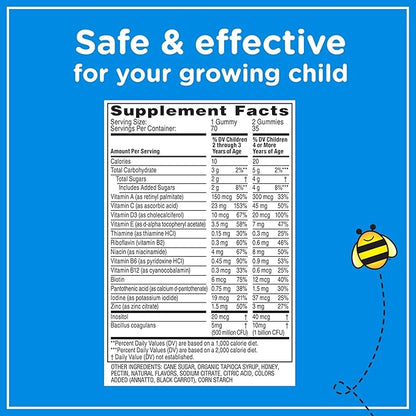 Zarbee's Kid's Complete Multivitamin + Probiotic Gummies with Vitamins A B C D E & zinc for Digestive Health Easy To Chew Kids Daily Multivitamin Gummies Natural Fruit 70 Count