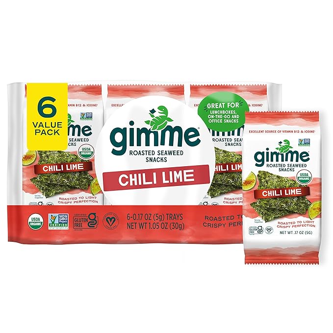Gimme Seaweed Organic Premium Roasted Seaweed Snacks, Chili Lime, 6 Count, Keto, Vegan, Gluten-Free, Great Source of Omega3s and Iodine, Healthy On-The-Go Snack for Kids and Adults