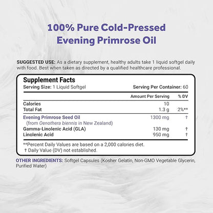 Naturalis Evening Primrose Oil (1300mg) | Natural from New Zealand | Non-GMO, Soy & Gluten Free, Zero Filler | 60 Softgels