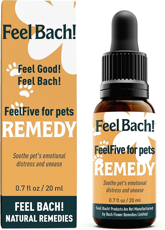 Feel Bach! FeelFive for Pets Remedy, Natural Homeopathic Flower Essences for Emergency Support, Relief of Fear, Worry and New Adoption, Vegan, Gluten & Sugar-Free, Non-Habit Forming, 20ml (0.7 fl oz)
