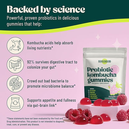 Probiotic Kombucha Gummy - Prebiotics, Probiotics, Postbiotics, Fiber Supplement, Slippery Elm, Dandelion Root, MCT Oil, for Bloating, Gut Health - Probiotics for Women and Men