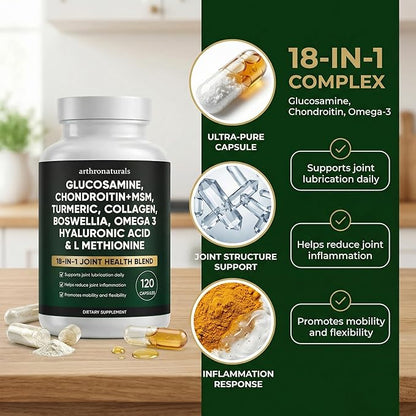 Arthronaturals 18 in 1, Joint Supplement with Glucosamine, Chondroitin, MSM, Hyaluronic Acid, Omega-3 and More, for Provides Joint Support, Improves Mobility & Long Term Health, Vegan - 60 CPS (1)