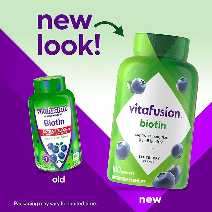 vitafusion Extra Strength Biotin Gummy Vitamins, Berry Flavored, 5,000 mcg Biotin Vitamins, America’s Number 1 Gummy Vitamin Brand, 50 Day Supply, 100 Count (packaging may vary)