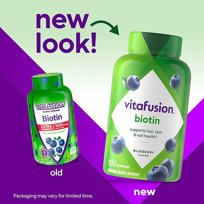 vitafusion Extra Strength Biotin Gummy Vitamins, Berry Flavored, 5,000 mcg Biotin Vitamins, America’s Number 1 Gummy Vitamin Brand, 50 Day Supply, 100 Count (packaging may vary)