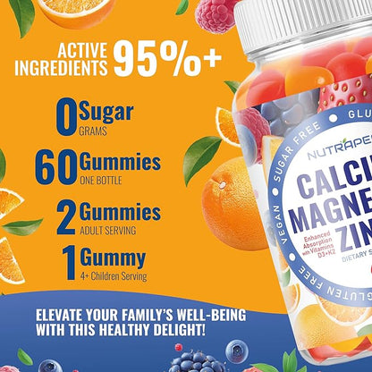NutraPep Calcium Magnesium Zinc Supplement Gummies - with Vitamin D3 K2 Magnesium Glycinate - Orange Berry Flavored Vegan Sugar-Free Gluten Free Chewable for Men Women Kids