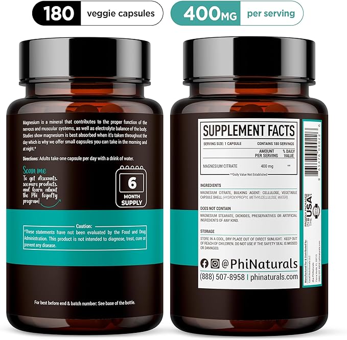 Magnesium Citrate Powder Capsules 400mg - 180 Count Veg Caps - PhiNaturals Supplements - Nervous System Support and Enzyme Function