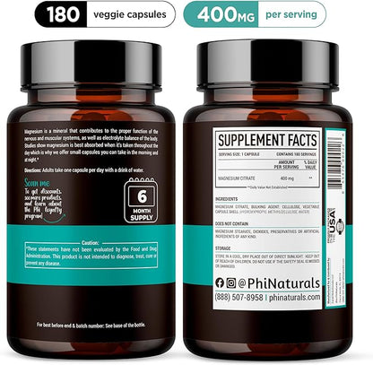 Magnesium Citrate Powder Capsules 400mg - 180 Count Veg Caps - PhiNaturals Supplements - Nervous System Support and Enzyme Function