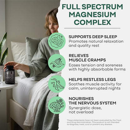 Wild Foods Magnesium Complex Supplement with 7X Forms, 90 Capsules | High Absorption, Full Spectrum, Easy Digestion | 500mg Glycinate, Bisglycinate, Malate, Orotate, Citrate, Taurate