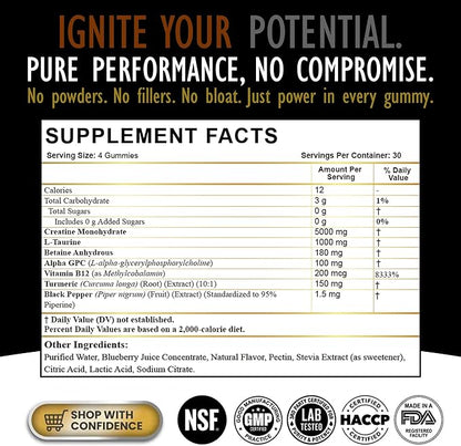 Creatine Monohydrate Gummies for Men & Women - Sugar Free & Vegan Advanced Formula W/L-Taurine + Vitamin B12 - for Muscle Strength, Muscles Builder, Recovery, Energy Boost, Pre-Workout Supplement