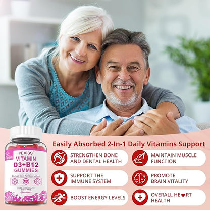 NEVISS Vegan Vitamin D3 + Vitamin B12 Gummies, High Potency D3 5000IU & 1000 mcg Methylated B12, Vitamin D3 and B12 for Adults, Support Bone Health, Immune & Energy Supplement, 60 Count