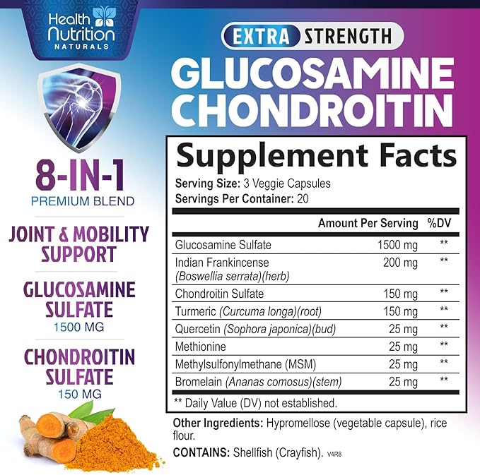 Glucosamine Chondroitin MSM Complex - 3X Strength Joint Support Supplement with Glucosamine Sulfate, Turmeric, Boswellia - For Cartilage, Mobility & Flexibility - Bottled in USA, 60 Capsules