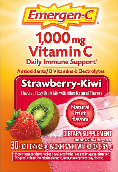 Emergen-C 1000mg Vitamin C Immune Support Powder Strawberry Kiwi 30CT includes Zinc, Manganese, 7 B Vitamins and Electrolytes for Back to School Essentials