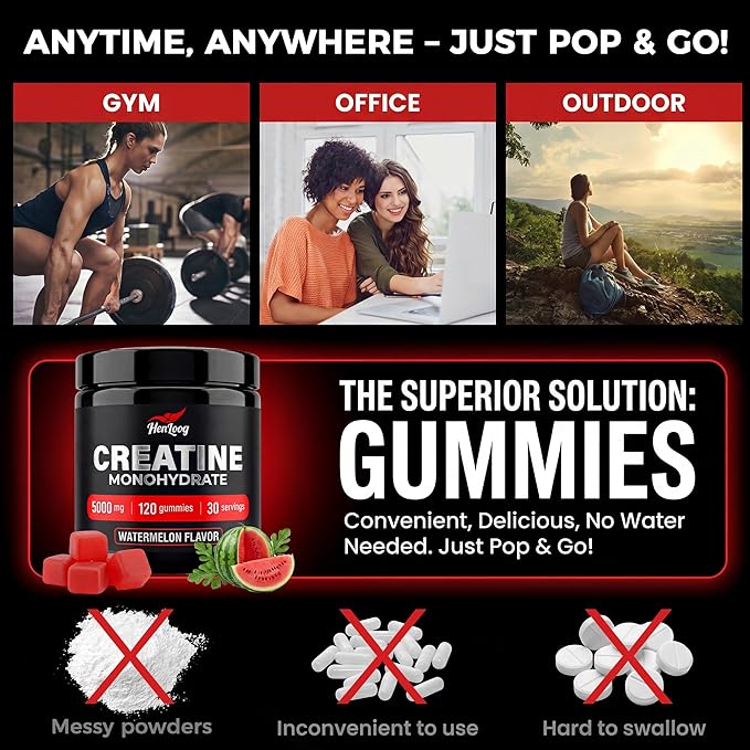 Creatine Monohydrate Gummies 5000mg for Women & Men, NSF Certified, Sugar Free, Vegan, 120 Count, Pre Workout Muscle Strength & Recovery Supplement