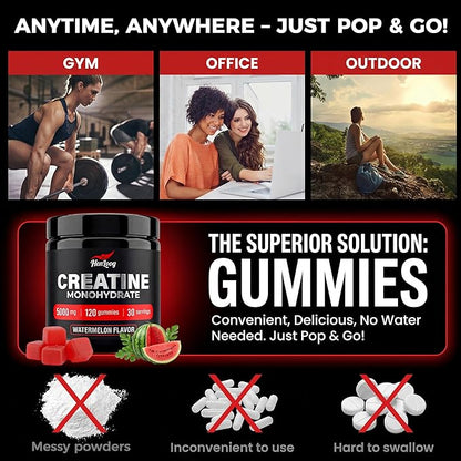 Creatine Monohydrate Gummies 5000mg for Women & Men, NSF Certified, Sugar Free, Vegan, 120 Count, Pre Workout Muscle Strength & Recovery Supplement