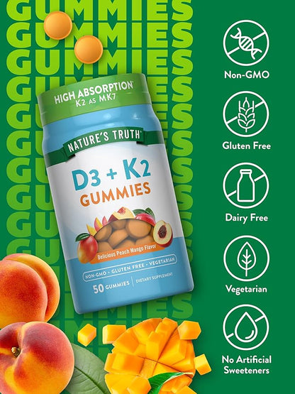 Nature's Truth Vitamin D3 + K2 Gummies | 50 Count | Peach Mango Flavor | Vegetarian, Non-GMO & Gluten Free Supplement