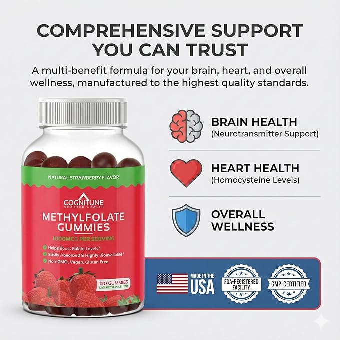 CogniTune L-Methylfolate Gummies 1000mcg - Bioavailable 5MTHF Folate Supplement for Brain Health - MTHFR Support with Delicious Strawberry Flavor