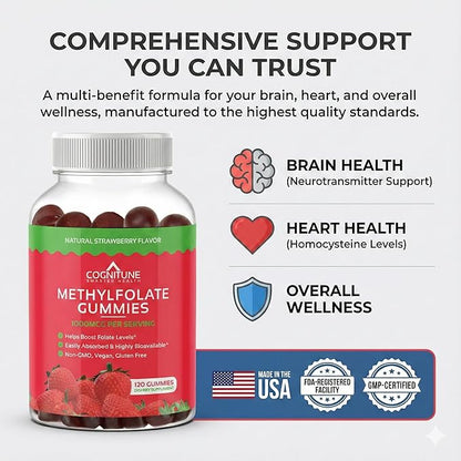 CogniTune L-Methylfolate Gummies 1000mcg - Bioavailable 5MTHF Folate Supplement for Brain Health - MTHFR Support with Delicious Strawberry Flavor