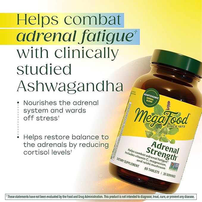 MegaFood Adrenal Strength - Adrenal Support Supplements with Ashwagandha, Vitamin C, Magnesium Glycinate, Holy Basil, Astragalus - Reduces Cortisol Levels - Vegetarian - 90 Tablets (45 Servings)