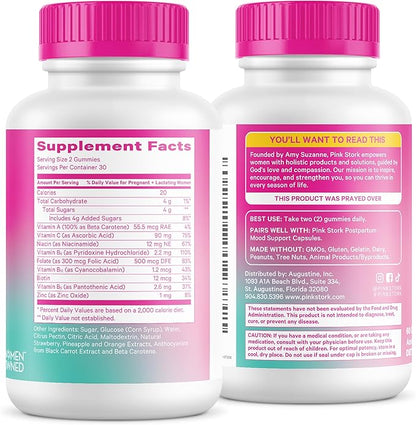 Pink Stork Total Postnatal Vitamin Gummies - Multivitamin for Postpartum Recovery and Lactation Support - Folic Acid, B6, & Vitamin C - Postpartum Essentials - 60 Gummy Vitamins