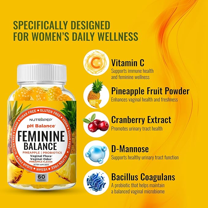 Feminine Balance Probiotics Gummies for Women - Vaginal Health & Women's pH Balance Natural Gummy Supplement with Cranberry Pineapple Powder - Sugar Free Gluten Free Vegan