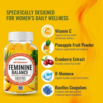Feminine Balance Probiotics Gummies for Women - Vaginal Health & Women's pH Balance Natural Gummy Supplement with Cranberry Pineapple Powder - Sugar Free Gluten Free Vegan