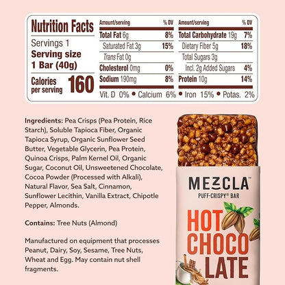 Mezcla Puff-Crispy Plant Based Protein Bars - Hot Chocolate - Healthy Snacks for Kids & Adults - Granola Bars for School, Travel, & Office Snacks - Gluten Free, Vegan, Non GMO, 10g Protein - 12 Count