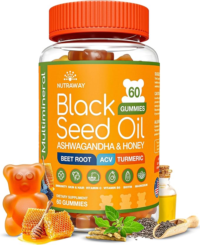 Black Seed Oil Gummies – Black Cumin Seed Oil, Ashwagandha, ACV, Biotin, Turmeric, Beet Root, Pomegranate, Vitamins C & B6 – Clean-Label Multivitamin Gummies for Adults & Kids