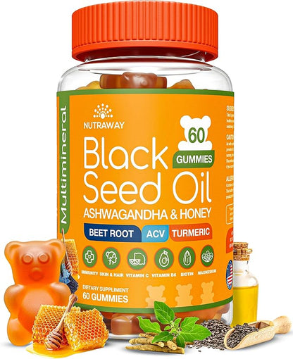 Black Seed Oil Gummies – Black Cumin Seed Oil, Ashwagandha, ACV, Biotin, Turmeric, Beet Root, Pomegranate, Vitamins C & B6 – Clean-Label Multivitamin Gummies for Adults & Kids