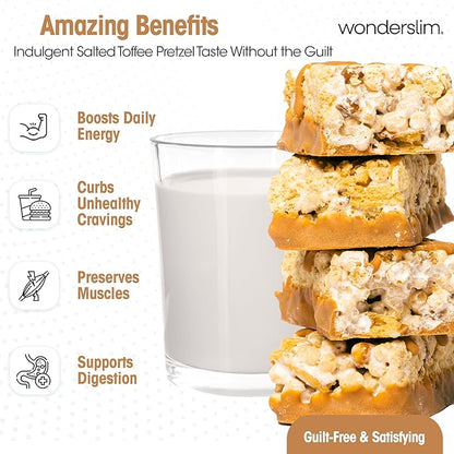 Wonderslim High Fiber Protein Bars, Salted Toffee Pretzel | 15g Protein, 7g Fiber | Low Sugar, Low Carb | Healthy Indulgence | Satisfying, Supports Energy & On-the-Go Convenience, 7 Pack