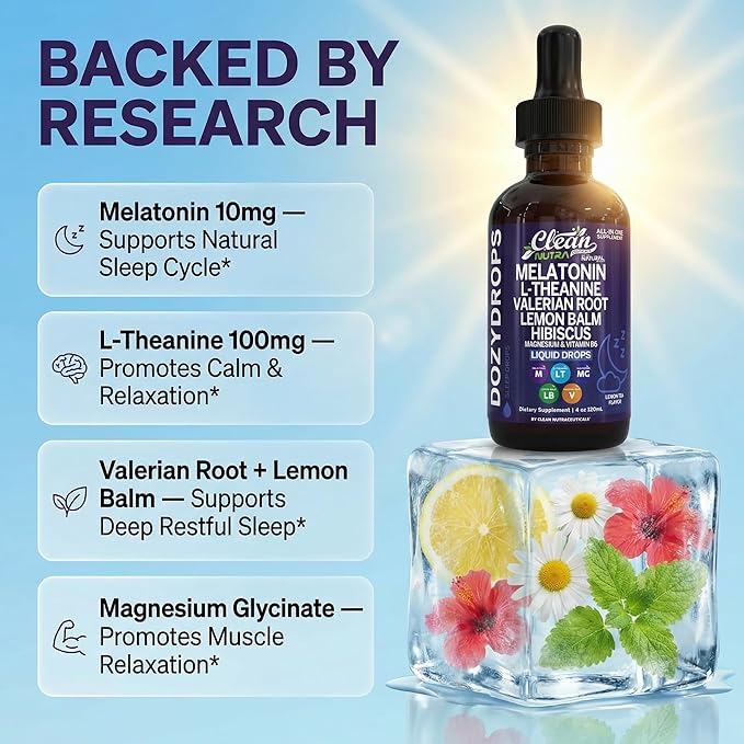 Clean Nutra Melatonin 10mg Drops Magnesium Vitamin B6 L-Theanine Valerian Hibiscus Lemon Balm Supplement Liquid Sugar-Free Vegan Non-GMO Natural Sleep Support Aid Lemon Tea Flavor 120mL Formula