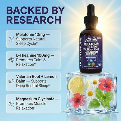 Clean Nutra Melatonin 10mg Drops Magnesium Vitamin B6 L-Theanine Valerian Hibiscus Lemon Balm Supplement Liquid Sugar-Free Vegan Non-GMO Natural Sleep Support Aid Lemon Tea Flavor 120mL Formula