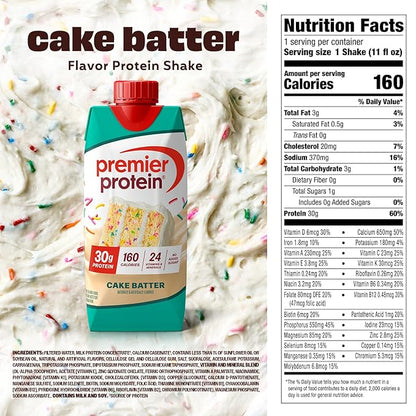 Premier Protein Shake, Cake Batter, 30g Protein, No Added Sugar, 24 Vitamins & Minerals to Support Immune Health, 11 fl oz, 4 Pack