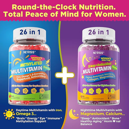 NEVISS 52-in-1 Methylated Multivitamin for Women Gummies with Iron, Omega-3, B6 B9 B12 for Day | Magnesium Glycinate, Calcium, Collagen for Night Renewal/Sleep, Womens 18 30 40 50 60 70+ AM PM Daily