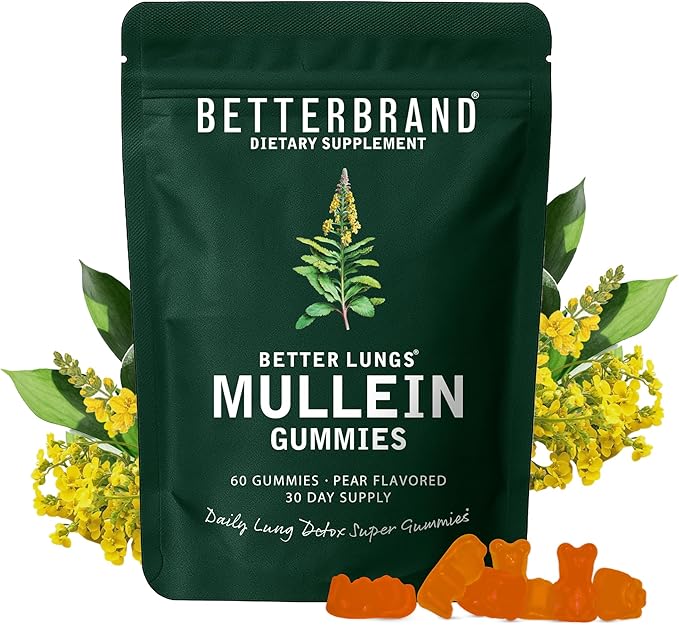 Betterbrand Mullein Chewable Gummies for Lung Cleanse and Detox, Respiratory Health Supplement, 1000mg Mullein Extract per Serving, 60 Gummies - 30 Day Supply - Pear Flavored