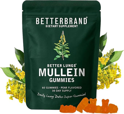Betterbrand Mullein Chewable Gummies for Lung Cleanse and Detox, Respiratory Health Supplement, 1000mg Mullein Extract per Serving, 60 Gummies - 30 Day Supply - Pear Flavored