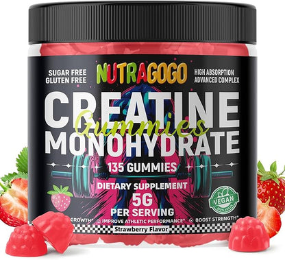 NSF Certified Creatine Gummy - Creatine Monohydrate Gummies for Men & Women-5g of Creatine Monohydrate per Serving - Sugar Free,Vegan, Strawberry Electrolyte Chews, 135 Count