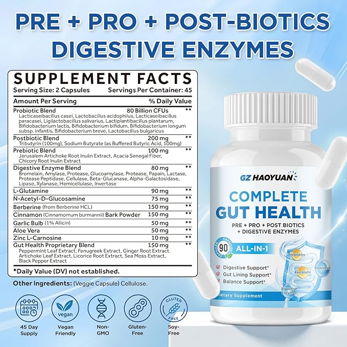 All-in-1 Gut Health with Probiotics, Prebiotics, Postbiotics & Digestive Enzymes for Women & Men, Complete Gut Health & Digestive Support Supplement, Immune Health Support, 90 Capsules