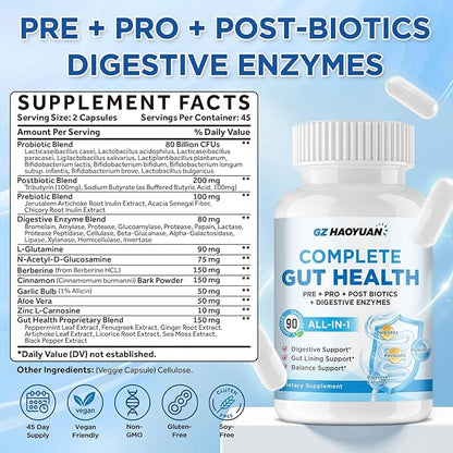 All-in-1 Gut Health with Probiotics, Prebiotics, Postbiotics & Digestive Enzymes for Women & Men, Complete Gut Health & Digestive Support Supplement, Immune Health Support, 90 Capsules