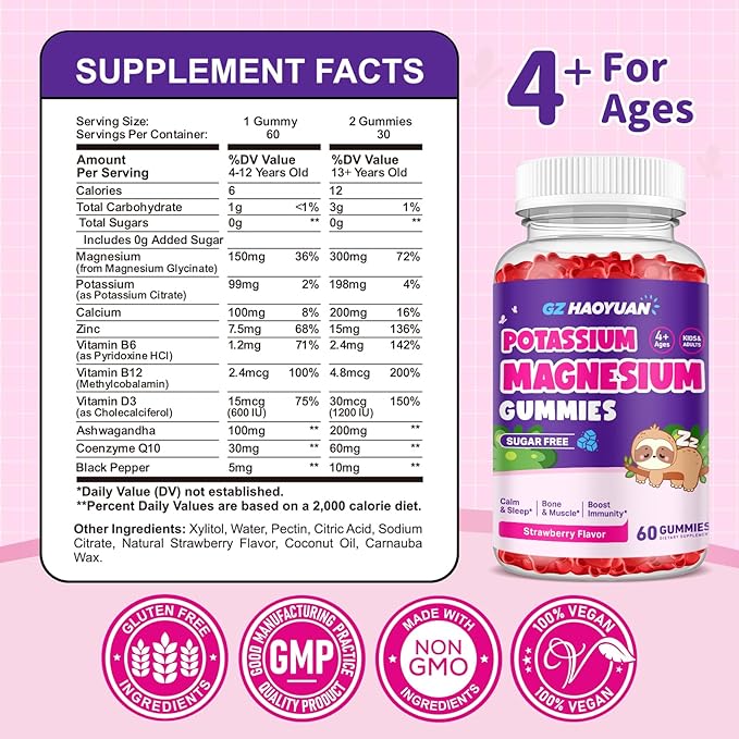 Magnesium Gummies for Kids - Magnesium Glycinate Gummies with Vitamin D3, B6, Potassium & Ashwagandha, Magnesium for Kids & Adults Relaxation, Sleep, Brain & Bone Health - Strawberry 60ct (2 Pack)